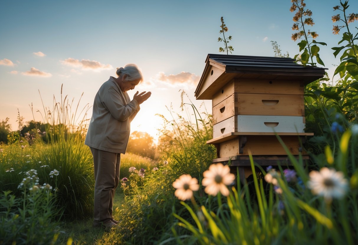 A person gently whispering near a wooden beehive surrounded by flowers and greenery in a peaceful outdoor setting.