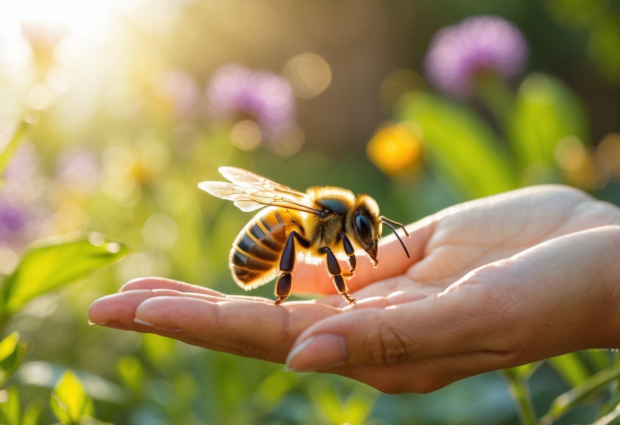 A honeybee landing gently on a person's open hand surrounded by flowers and greenery.