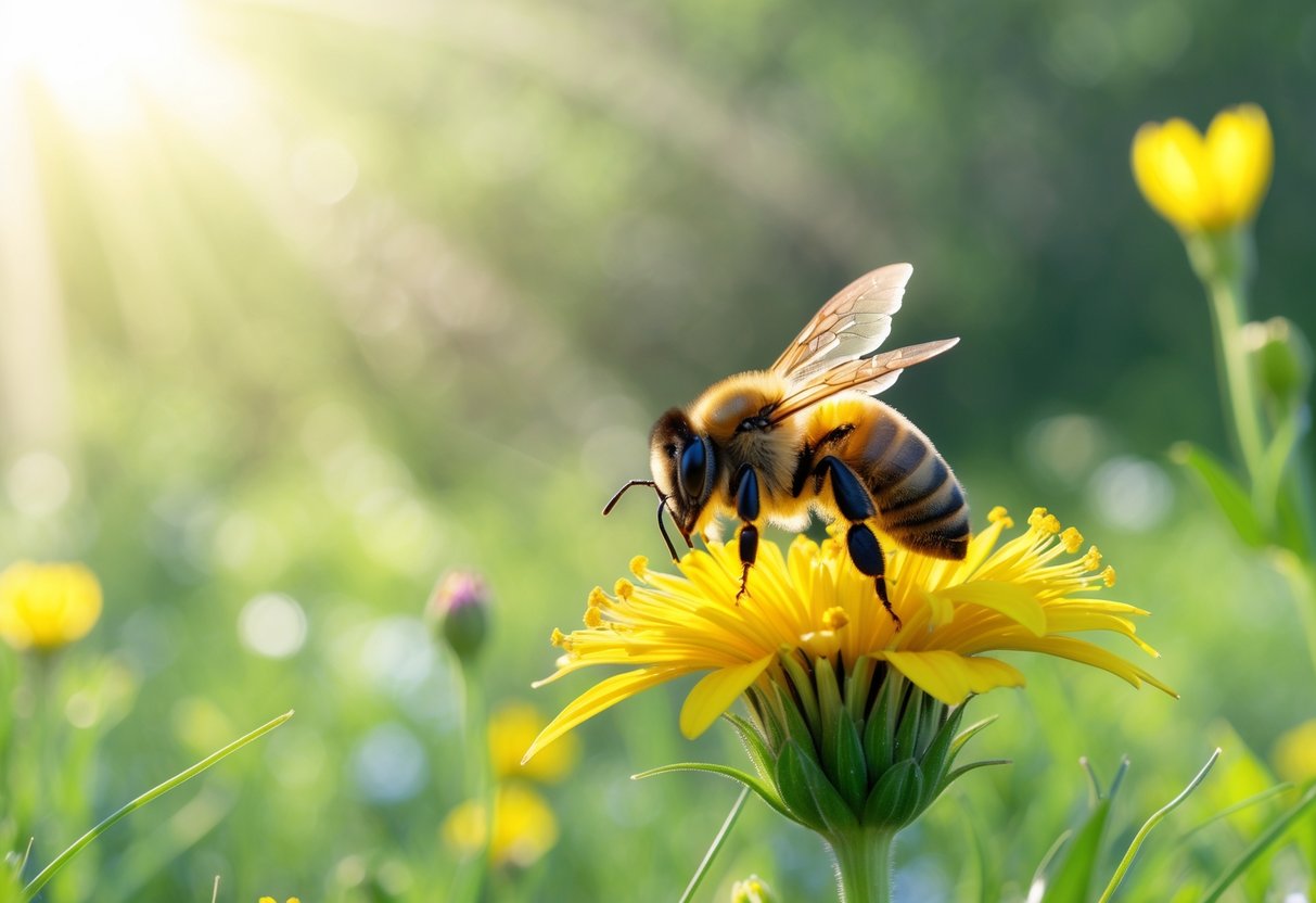A close-up of a bee on a yellow flower in a sunlit meadow with green plants in the background.