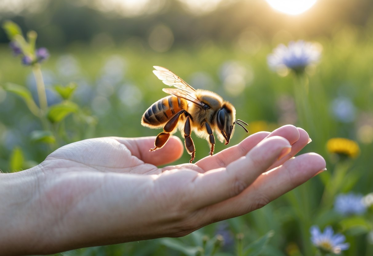 A honeybee landing on a person's outstretched hand in a green outdoor setting with flowers.
