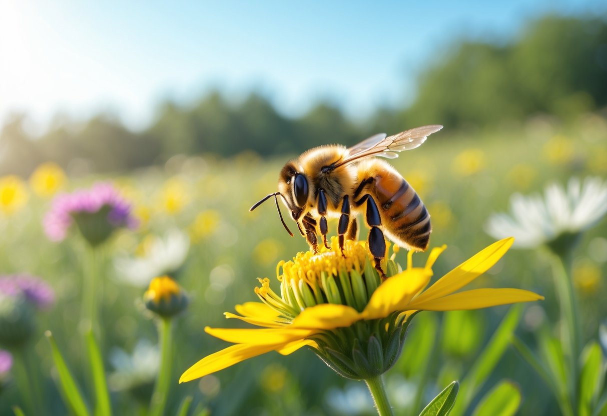 A honeybee collecting nectar from a yellow flower in a sunlit meadow with blooming flowers and green plants around.