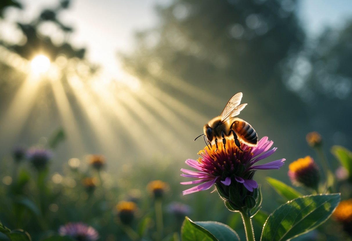 A close-up of a honeybee on a flower with faint, glowing shapes in the background among trees at dusk.