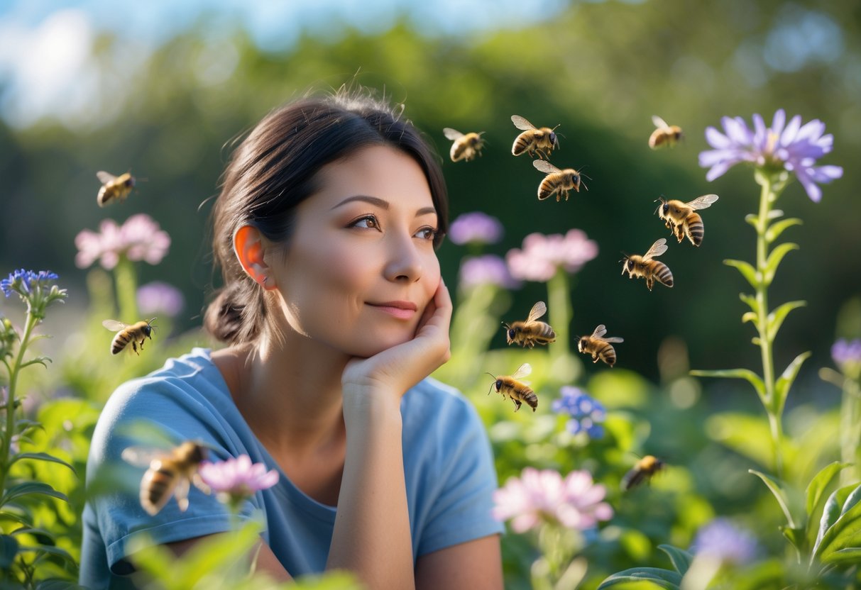 A person in a garden observing bees near blooming flowers.