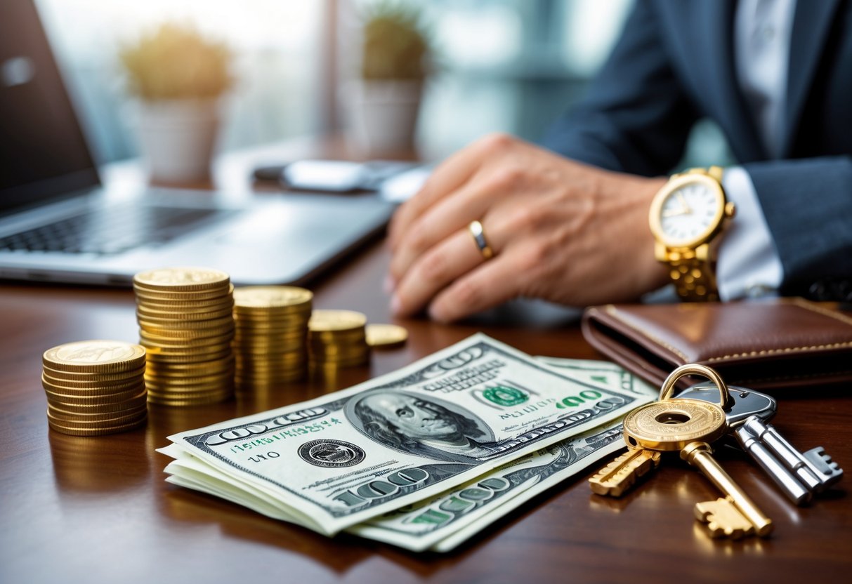 Close-up of gold coins, US dollar bills, a leather wallet, a gold watch, and keys on a wooden desk in a modern office setting.
