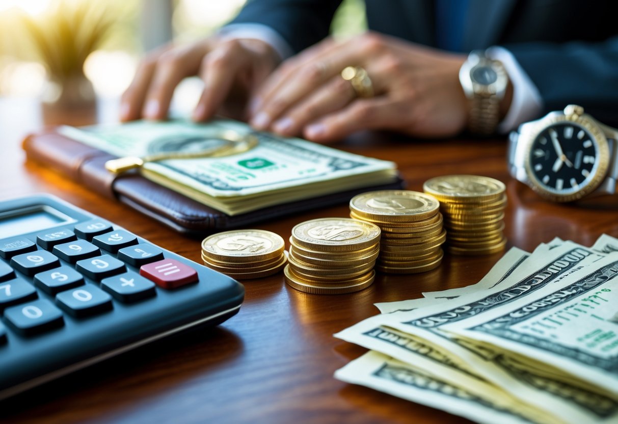 Close-up of gold coins, banknotes, a calculator, and a financial ledger on a wooden desk with a luxury watch and diamond ring in the background.