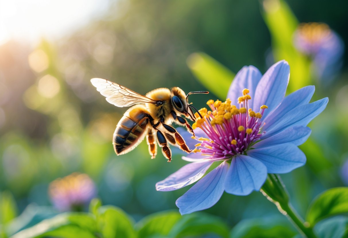 A bee hovering near a colorful flower with green foliage in the background.