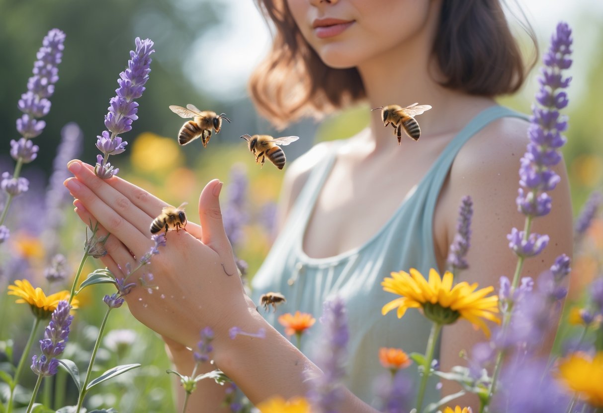 A woman standing in a flower garden with bees hovering around her hands and arms.