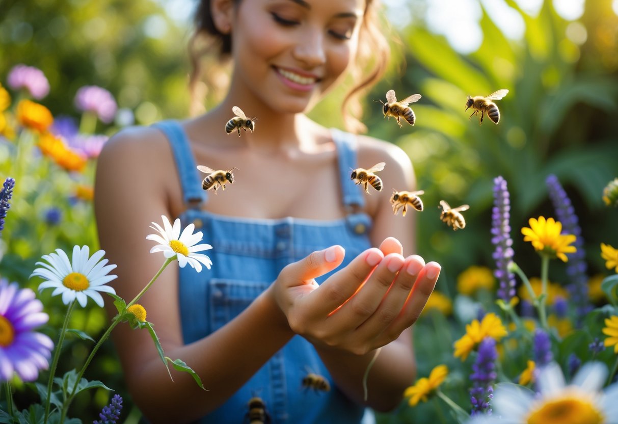 A person outdoors in a garden with colorful flowers, gently holding their hands as bees hover and land on their fingers.