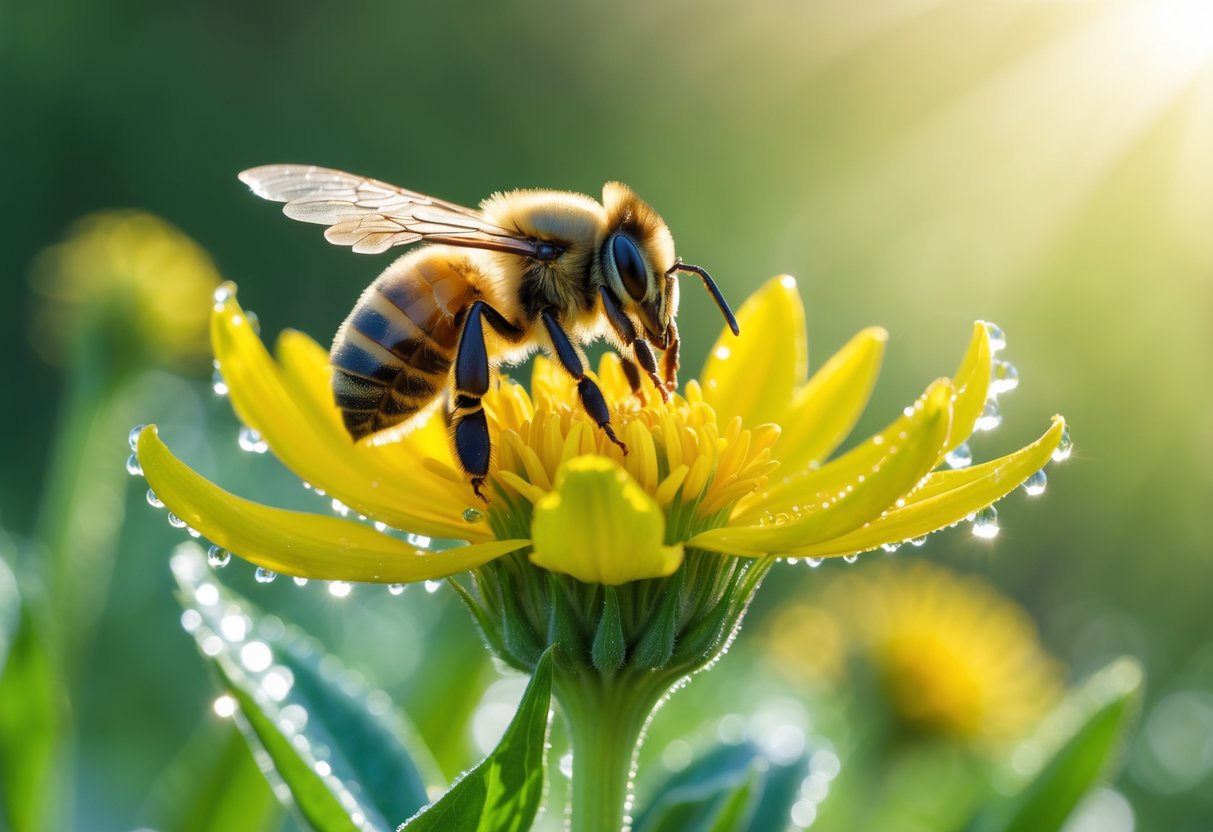 A bee sitting on a bright yellow flower surrounded by green foliage.