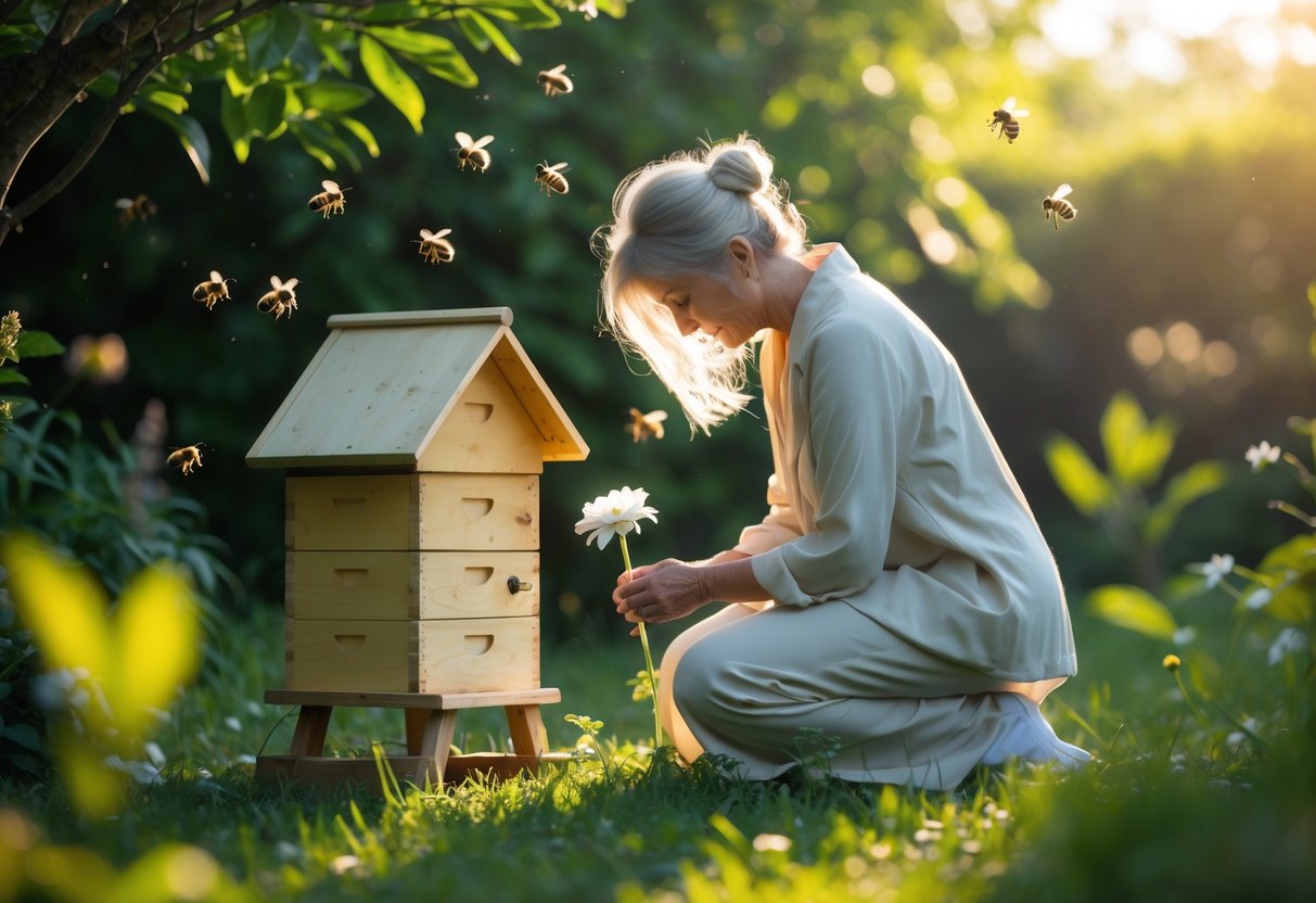 A person kneeling beside a beehive holding a white flower while bees hover nearby in a garden.
