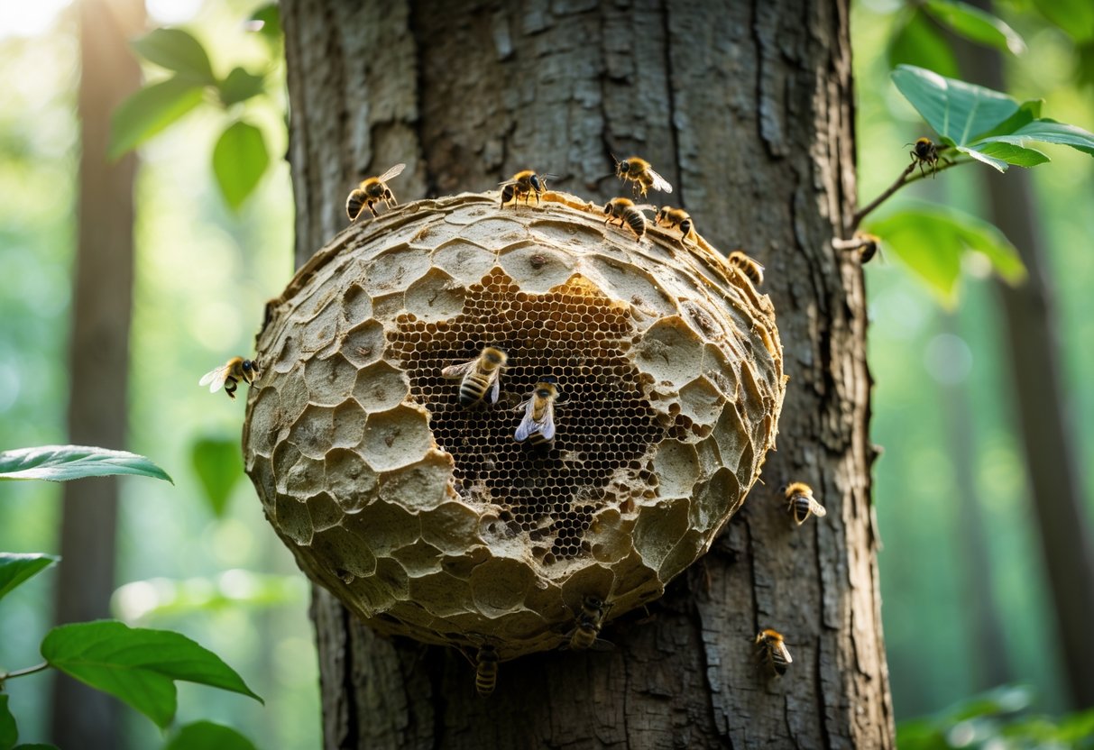 A close-up of a bee nest attached to a tree trunk with bees flying around it in a forest.