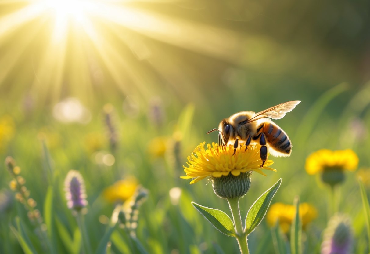 A bee resting on a yellow flower in a sunlit meadow surrounded by greenery and wildflowers.