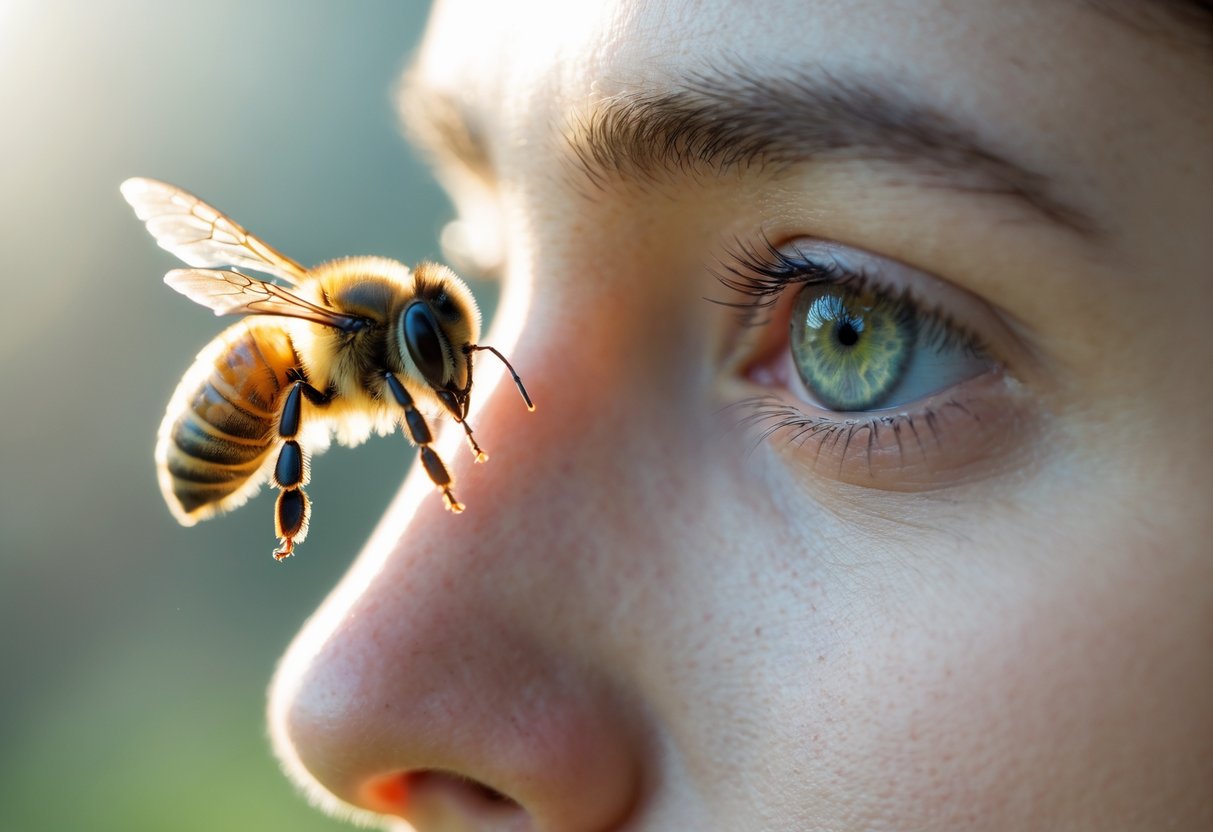 A honeybee hovering close to a human face with the face softly visible in the background.
