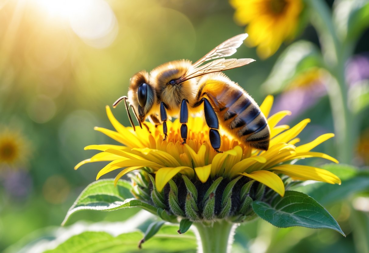 A honeybee sitting on a yellow sunflower with green plants blurred in the background.