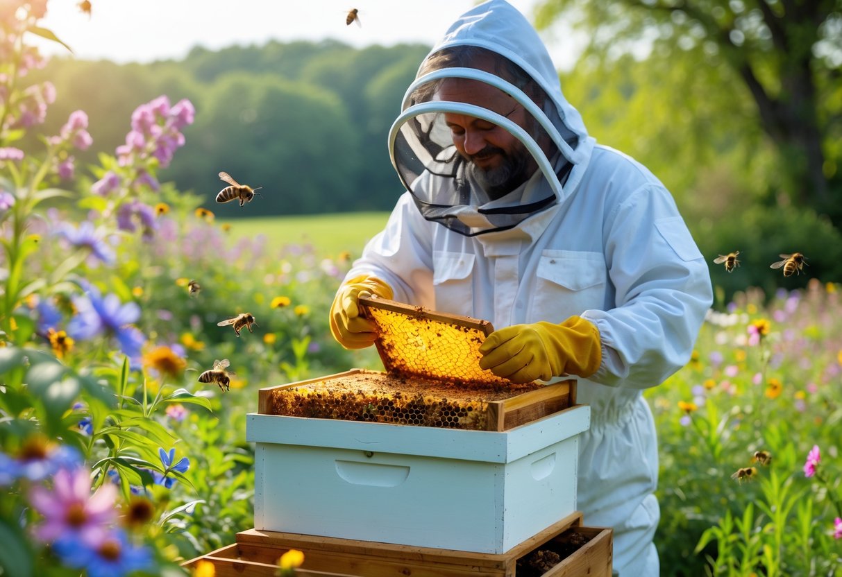 A beekeeper in protective clothing inspecting a honeycomb frame surrounded by bees and blooming flowers in a garden.