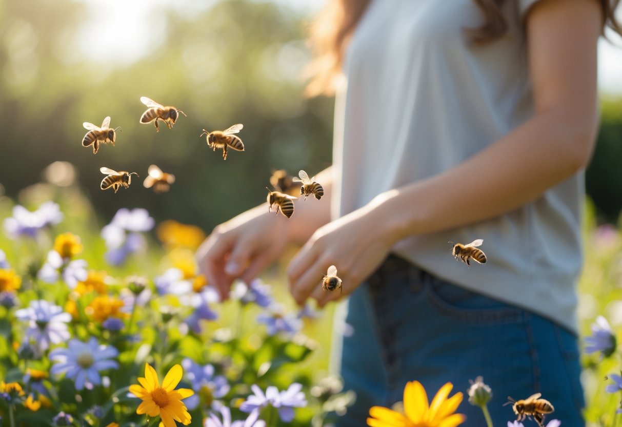 A person standing in a garden with bees flying around blooming flowers nearby.