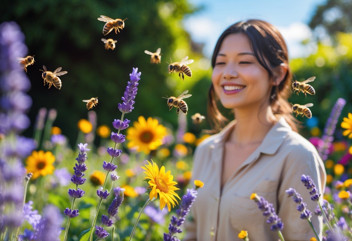 A person standing in a garden with flowers while bees hover nearby.