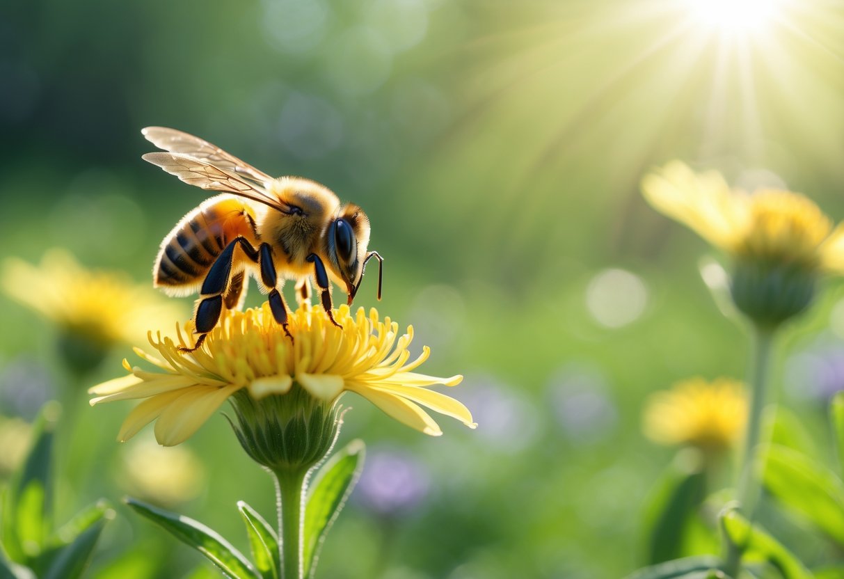 A honeybee resting on a yellow flower in a sunlit meadow with blurred greenery in the background.