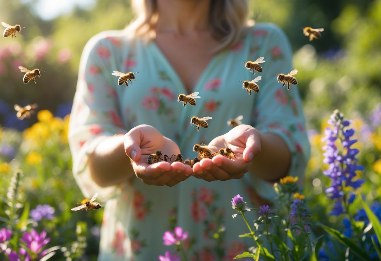 A person outdoors in a garden surrounded by bees flying near colorful flowers and the person's hands.