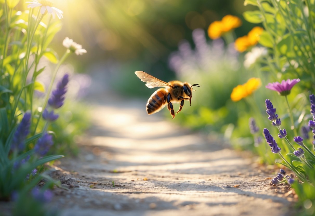 A close-up of a bee flying across a sunlit garden path lined with colorful flowers.