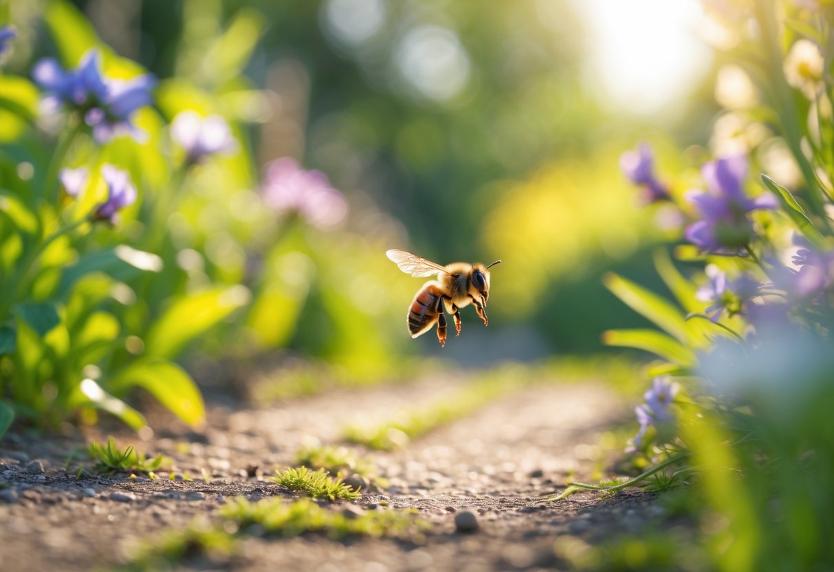 A bee flying over a garden path surrounded by flowers and greenery.