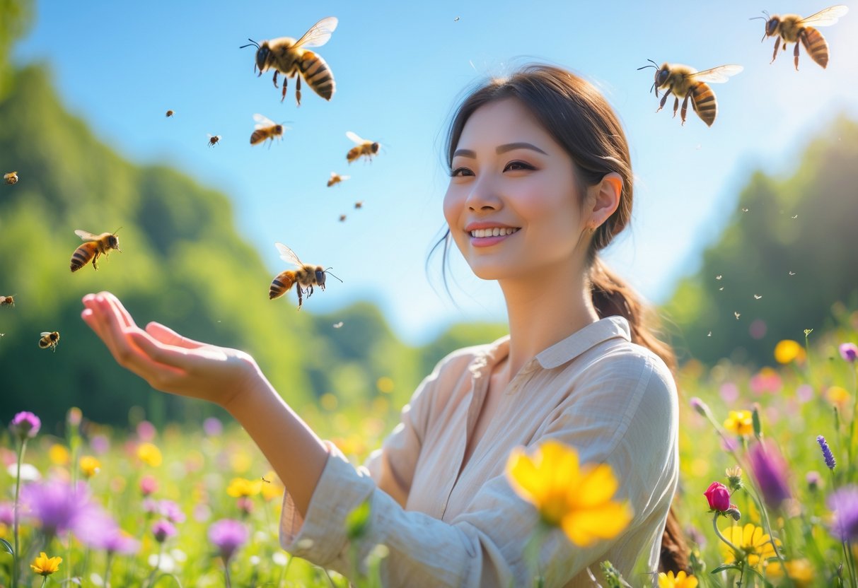 A young woman standing in a flower-filled meadow with bees hovering around her and landing on her hand.