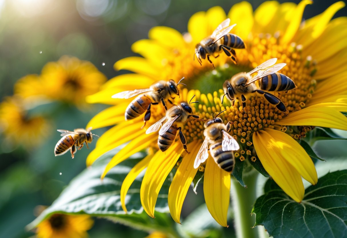Close-up of bees on a sunflower with one bee flying nearby.