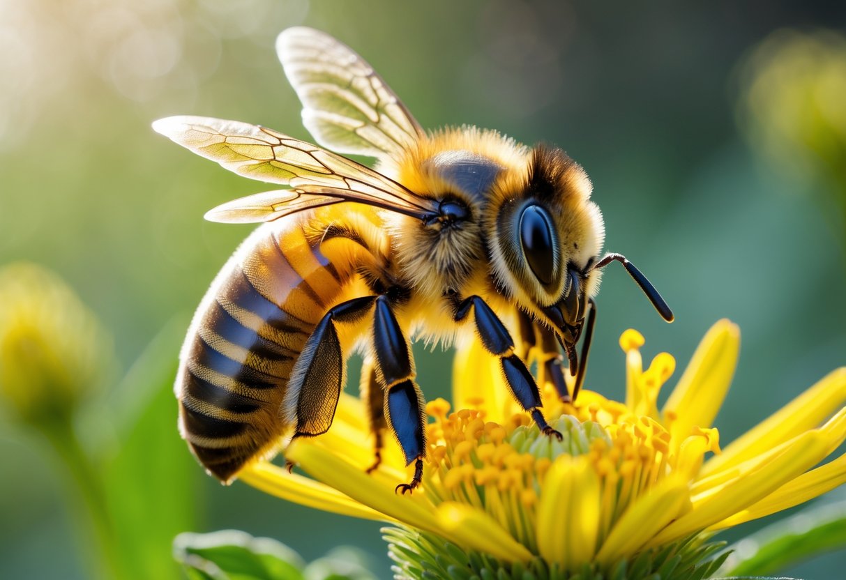 Close-up of a honeybee on a yellow flower with slightly ruffled wings, appearing distressed.
