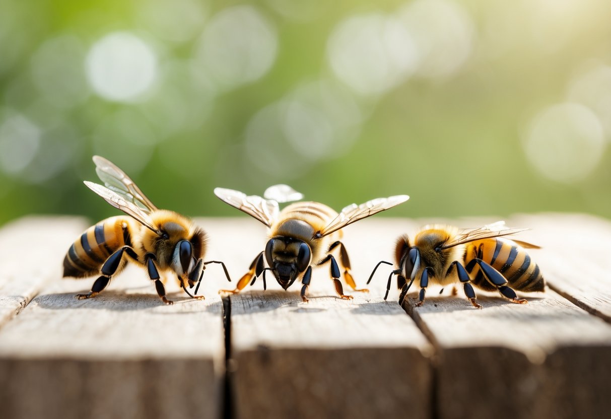 Three bees on a wooden surface showing a healthy bee, a tired bee with drooping wings, and a dead bee lying on its back.