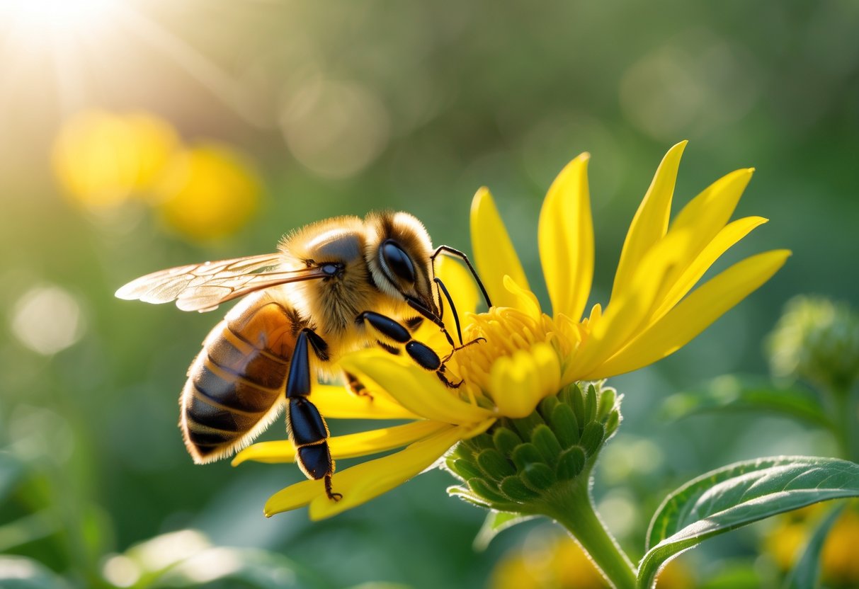 A honeybee sitting on a yellow flower in a garden with blurred green plants in the background.