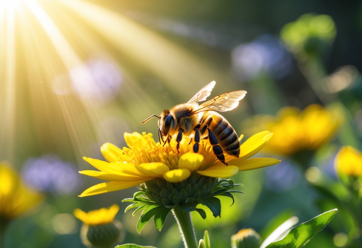 A close-up of a bee on a yellow flower surrounded by green plants and sunlight.