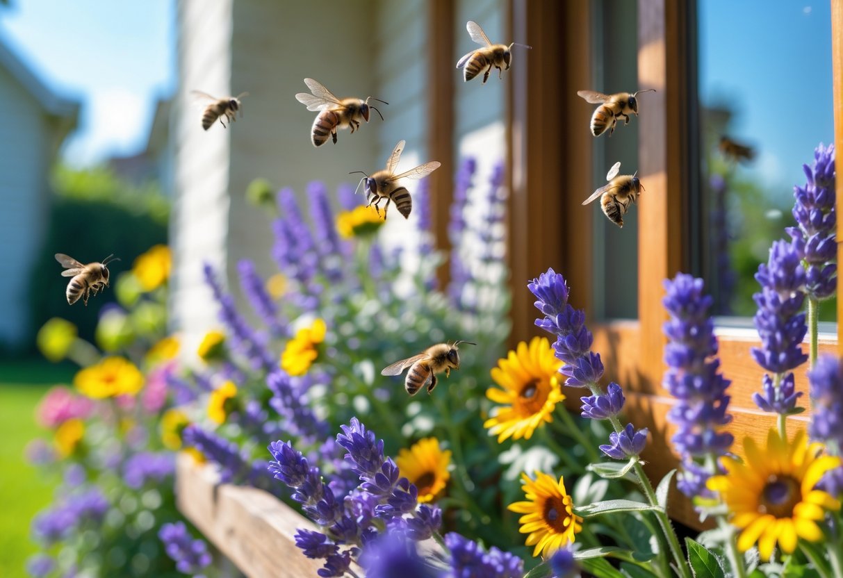 Bees flying around colorful flowers near the outside of a house on a sunny day.