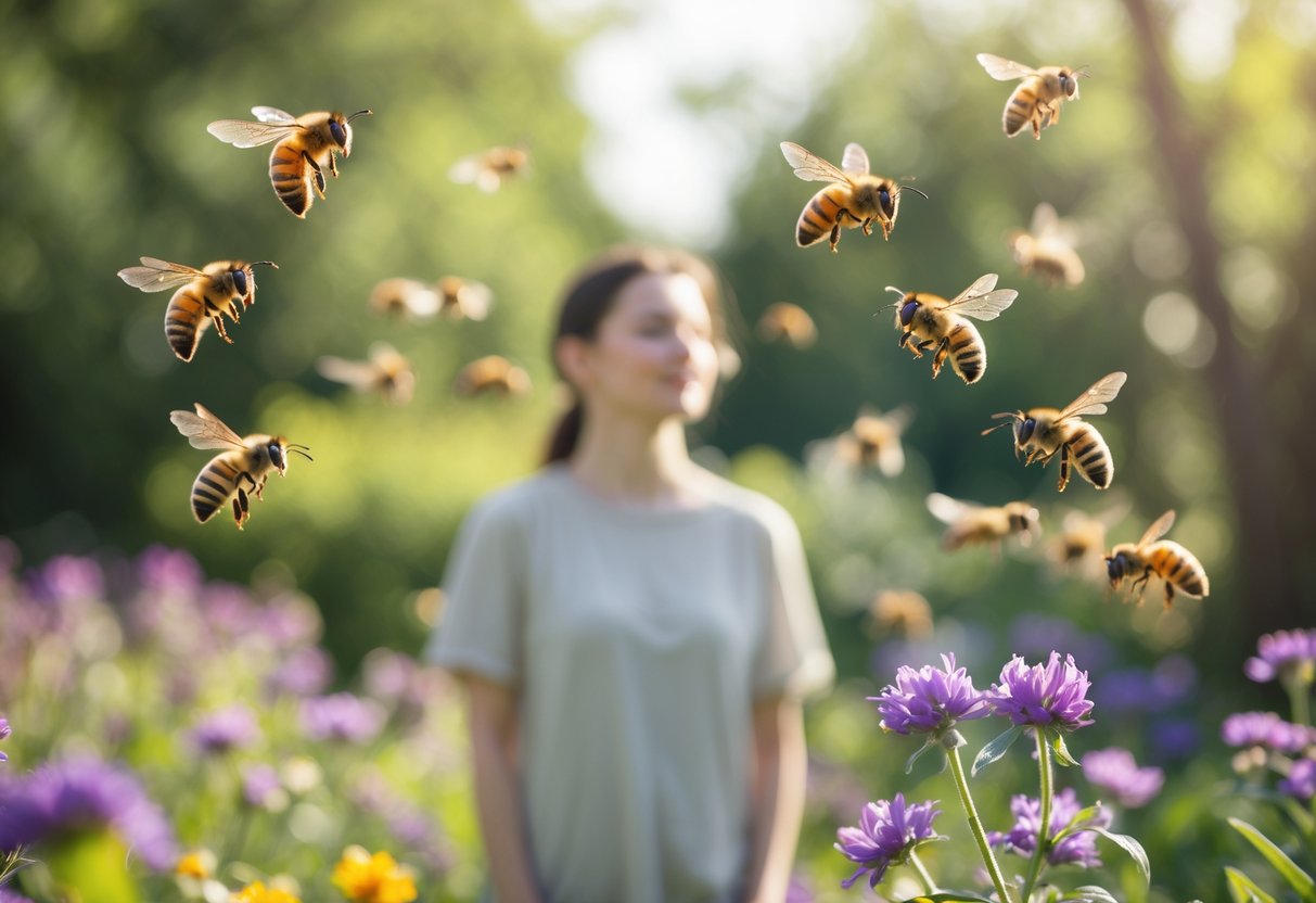 A person standing calmly in a garden with bees flying around colorful flowers nearby.
