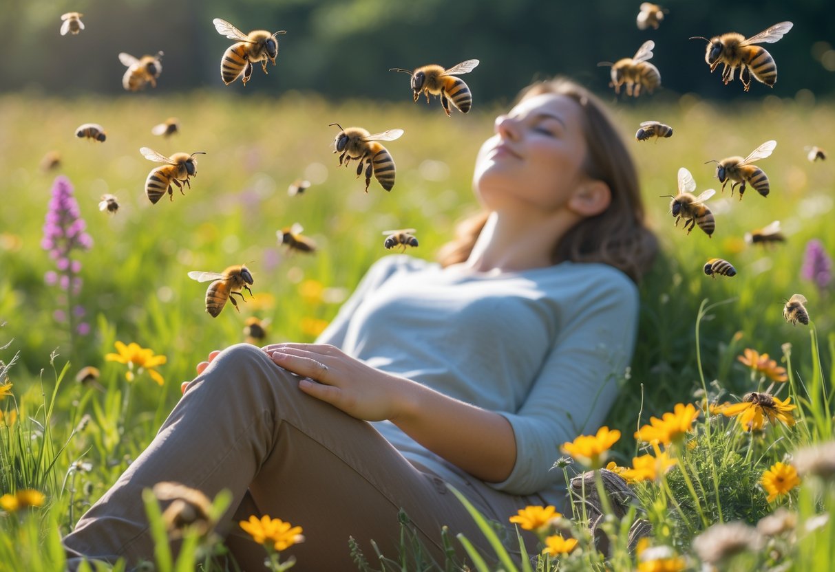 A person sitting calmly in a meadow with different types of bees flying and resting on nearby flowers.