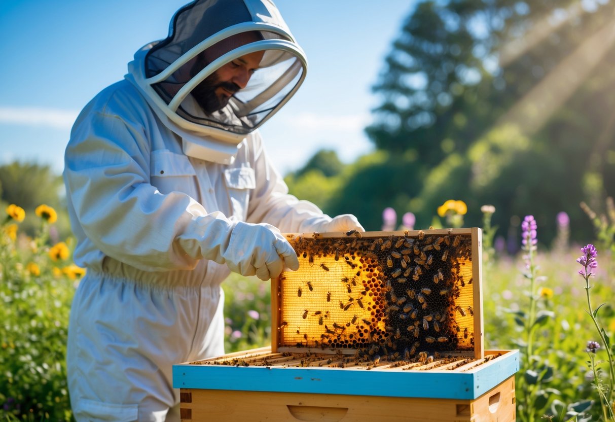 A beekeeper in protective clothing tending to a beehive surrounded by flowers on a sunny day.