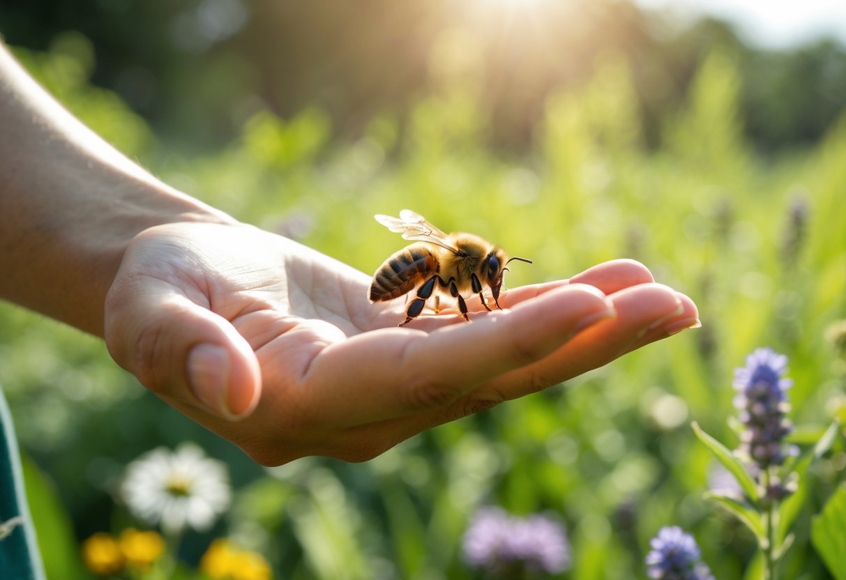 A person outdoors with a bee gently landing on their outstretched hand surrounded by green plants and flowers.