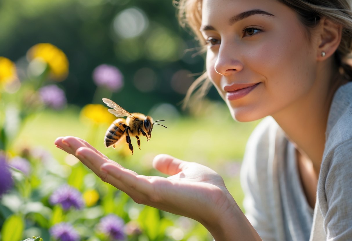 A person outdoors with a bee hovering near their hand among flowers.