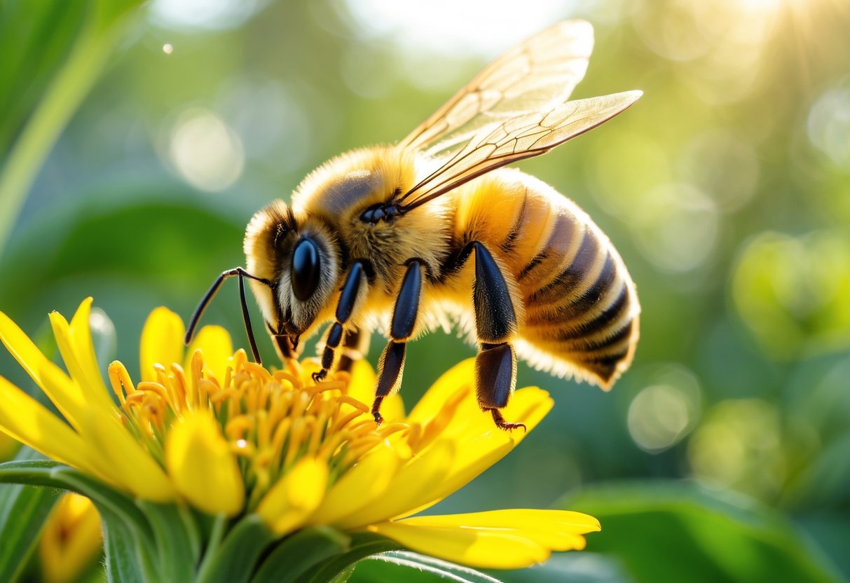 A honeybee resting on a yellow flower with green foliage in the background.