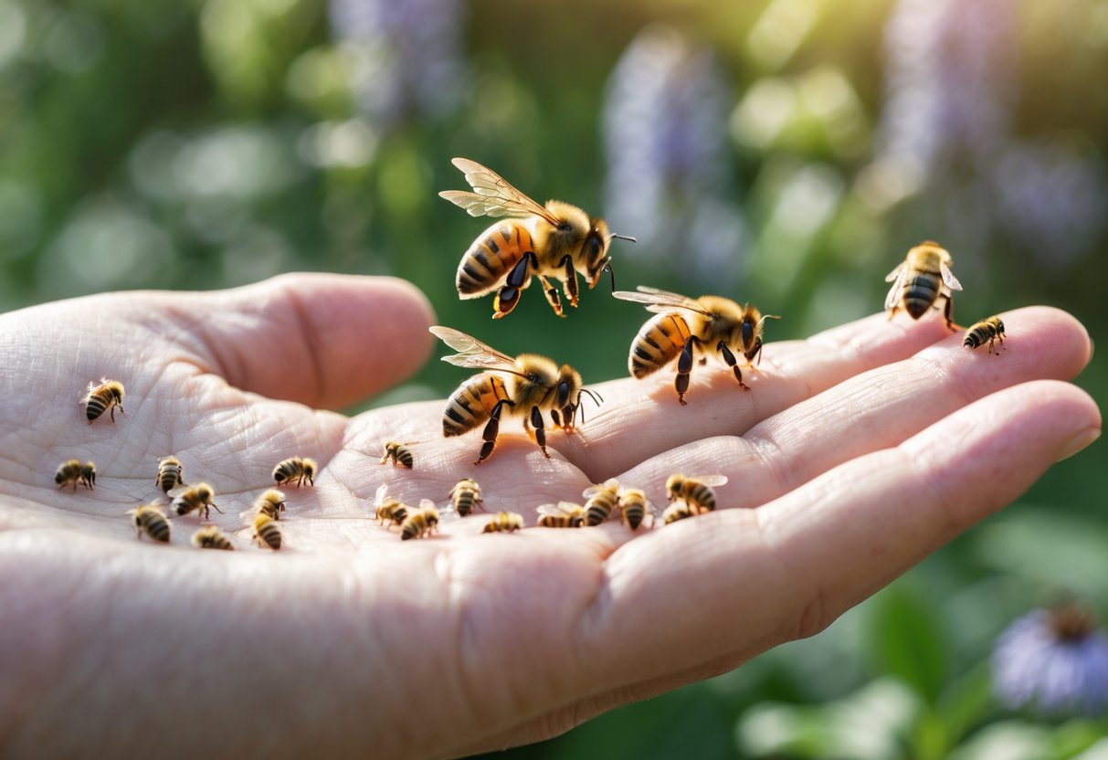 A close-up of a human hand with honeybees landing on the skin outdoors among green plants and flowers.