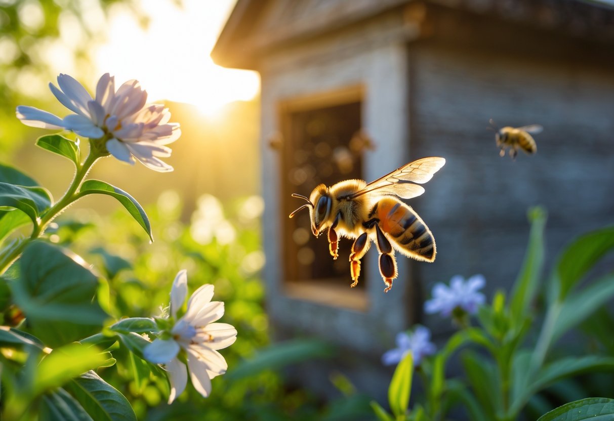 Close-up of a bee flying near a flower with a beehive entrance visible in the background during early morning light.