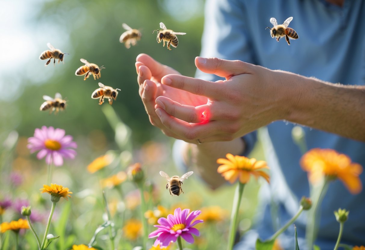 A person outdoors showing discomfort after being stung by a bee, with bees flying near flowers in the background.