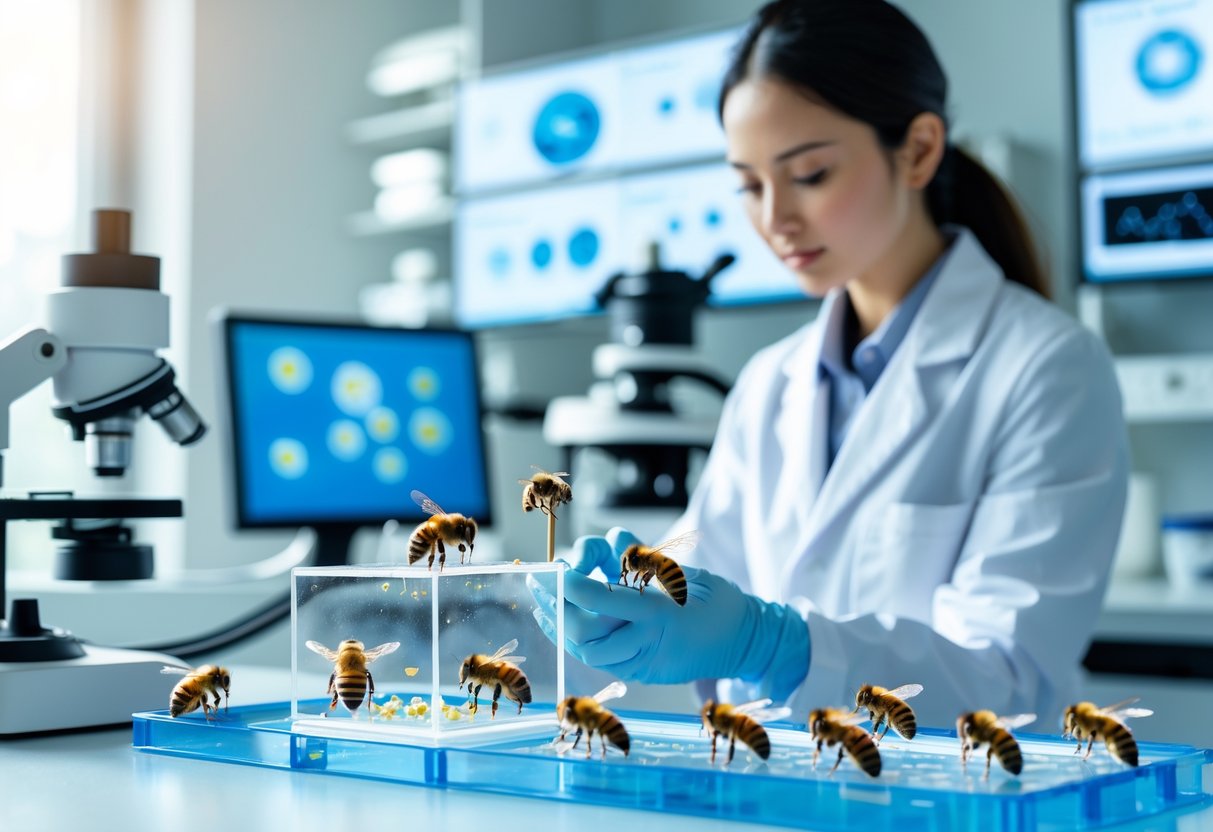 A scientist in a lab coat carefully handling a honeybee in a laboratory with scientific equipment and bee training tools nearby.