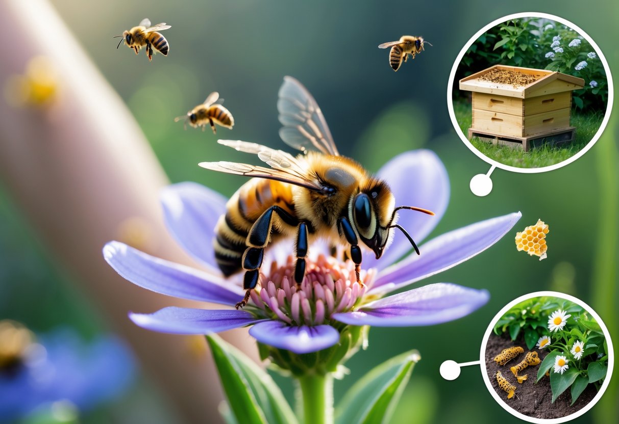 Close-up of a bee on a flower with a person showing a mild allergic reaction, a broken beehive, and damaged plants in the background.