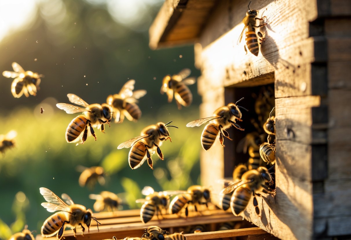 Close-up of honeybees actively flying and resting on a beehive entrance in warm afternoon light with green foliage in the background.