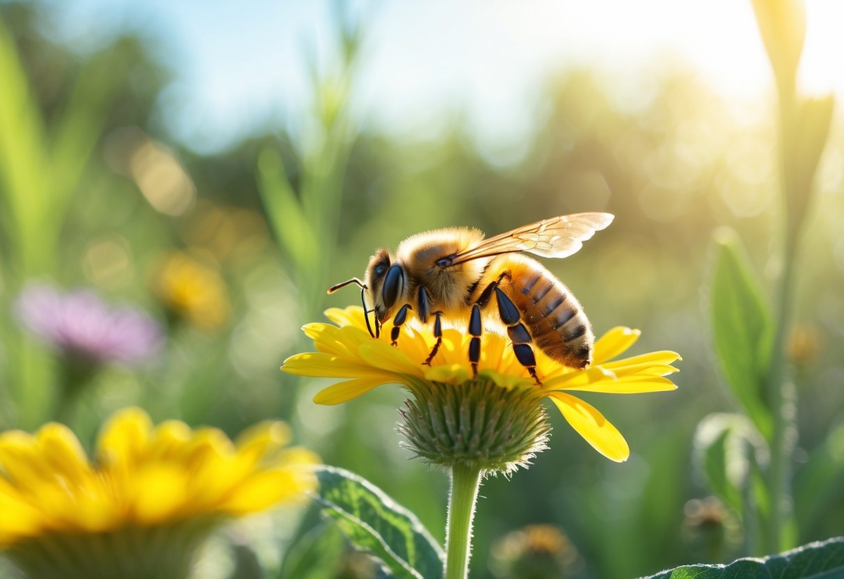 A honeybee resting on a yellow flower petal in a sunlit meadow surrounded by green leaves and colorful flowers.