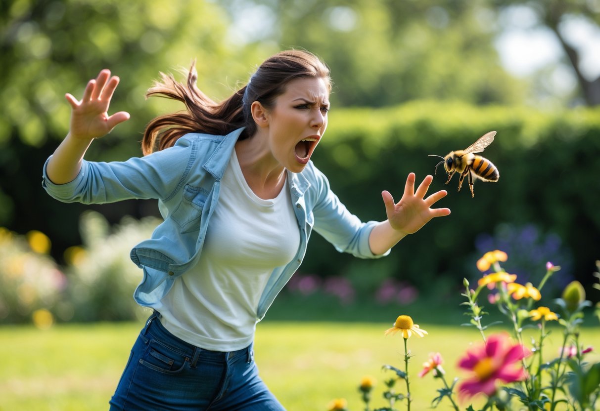A person outdoors panicking and flailing their arms as a bee hovers nearby near flowers.