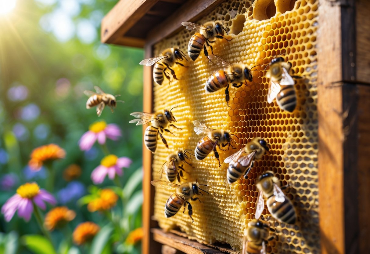 Close-up of bees working on a honeycomb in a garden with flowers and green plants around.