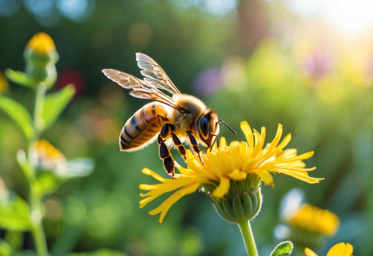 A honeybee hovering near a yellow flower in a garden with green foliage in the background.