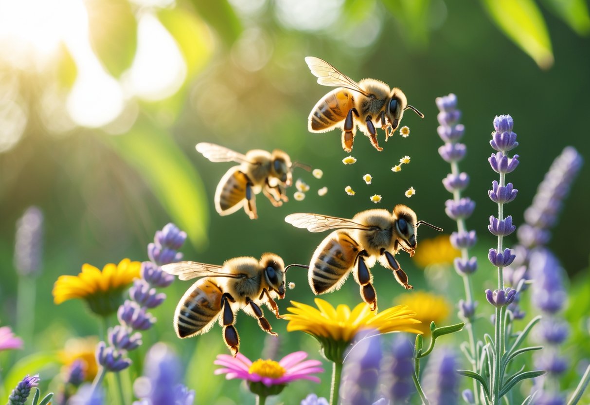 Close-up of honeybees pollinating colorful flowers in a sunny garden.