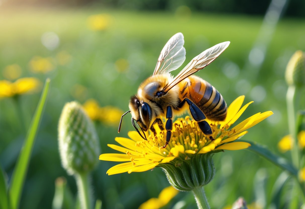 A honeybee collecting pollen on a yellow flower in a green meadow.